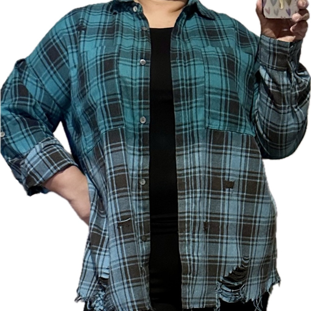 White Birch Oversized Distressed Teal and Black Plaid Button Down Shirt